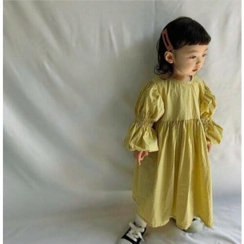 2021 New Style Girls Dress Fashion Spring Cotton Linen Puff sleeve Girls Dresses 1-7 Years QI578