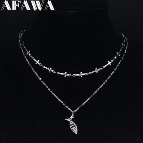 2021 Fish Satan Stainless Steel Layered Necklace Women Silver Color Necklaces & Pendants Jewelry bijoux femme N1973S02