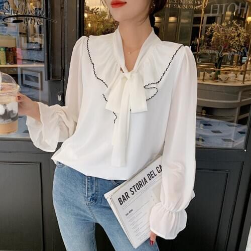 2021 Korean Solid Womans Blouses Autumn New Bow V-neck Puff Long Sleeve Chiffon Blouse Loose Shirts Female Ropa De Mujer 10604