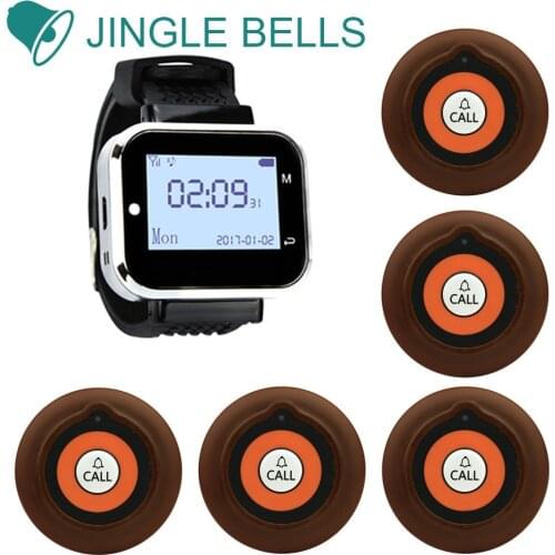 JINGLE BELLS 5 Calling Buttons+1 Watch Receiver Wireless Service Call Bells Wireless Restaurant Guest Calling Systems from China