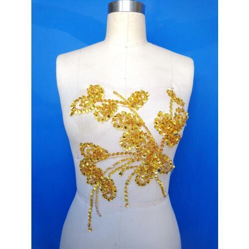 A37 New pure handmade trim sew on rhinestones applique Golden crystals patches 29*23cm for dress DIY Manual accessories