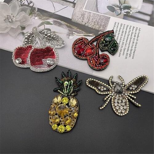 AHYONNIEX Beads Pineapple Patches Sew On Applique Red Cherry Bee Cloth Stickers Patches for Clothing Beaded Parch