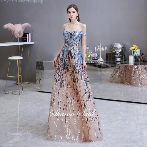 Sparkly Sequin Long Evening Dresses 2021 Elegant Off the Shoulder A-Line Champagne Blue Formal Dress Wedding Guest Prom Gowns