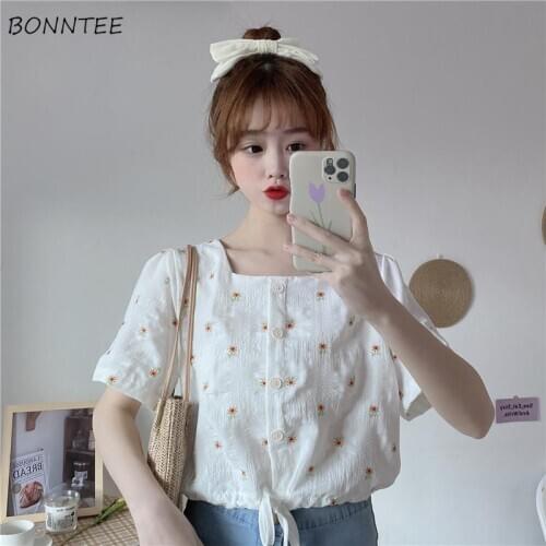 Blouses Women Sweet Ulzzang Floral Lace-up Chic Girls Crop Tops Simple All-match Lovely Soft Stylish Womens Shirts Square Collar