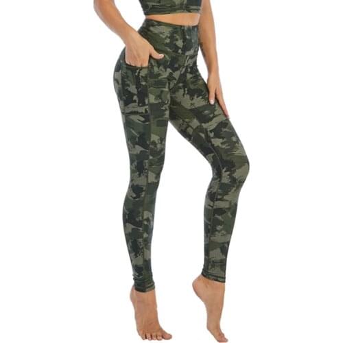 Pluz size Women green camo yoga pants fitness leggings pocket gym tights women high waist running pants workout trousers