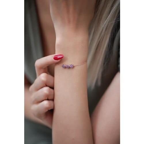 İzla Design Triple Round Model Amethyst Cz Rose Plated Silver Bracelet