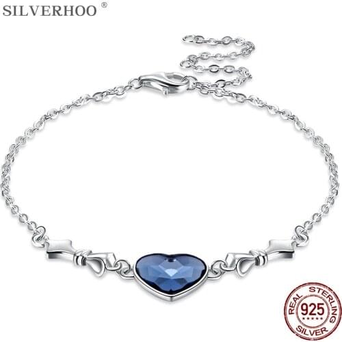 SILVERHOO 925 Sterling Silver Adjustable Link Bracelets For Women Blue Love Shape Austria Crystal Bracelet Party Fine Jewelry