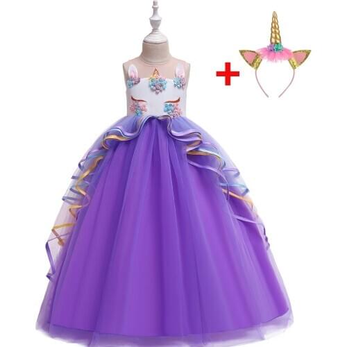 Rainbow Unicorn Cosplay Girl Dress Party Elegant Flower Lace Long Tutu Formal Ball Gown Princess Baby Dresses 3-10 Years