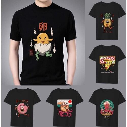 T-shirt Mens Popular Casual Anime O-neck Slim Cartoon Cute Monster Print Pattern Series Top Commuter Black Soft Mens Shirt