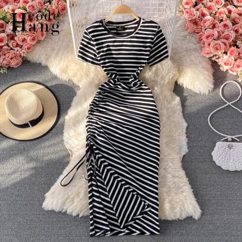 HangCode Summer Dress 2021 Drawstring Slit Sweatshirt O-neck Sexy Women Dress Fashion Casual Striped Bodycon T Shirt Dress