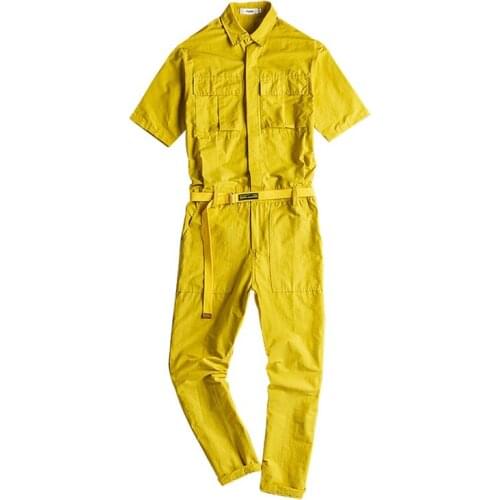 2021 Summer Thin Short Sleeve Men Jumpsuit Lapel Multi-Pocket Breathable Overalls Fashion Black Yellow Pants Workwear Trousers