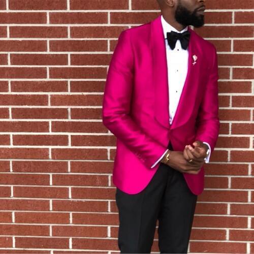 Groomsmen Hot Pink Groom Tuxedos Shawl Lapel Men Suits 2 Pieces Wedding Best Man Bridegroom ( Jacket+Pants+Tie ) C596