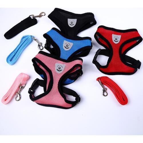 New Fashion Summer Breathable Nylon Mesh Small Dog Cat Pet Harness and Leash Sets Puppy Vest Pink Red Blue Black For Chihuahua