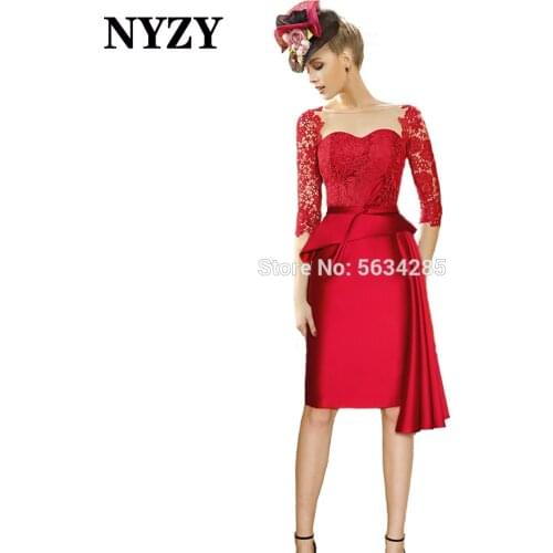 M360B NYZY Lace Sleeves Red Satin Short Mother of the Bride Dresses 2021 Wedding Party Dress Cocktail Church Suits