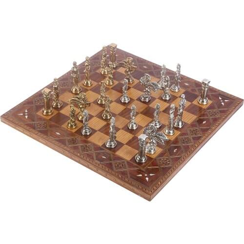 Mythologic Pegasus Metal Chess Set,Handmade Pieces,Natural Solid Wooden Chess Board,Original Pearl Around Board King 9.5 cm