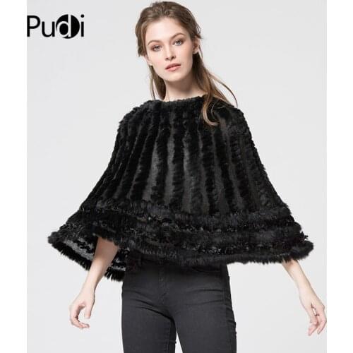 Pudi CK710 The New Women Poncho Real Knitted Hooded Rabbit Fur Shawl Poncho Stole Cape Scarf Wrap Black