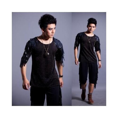 Singing performances Original Tassels splicing mens shirts casual shirt men slim fit shirt sleeve dress shirt Customizable