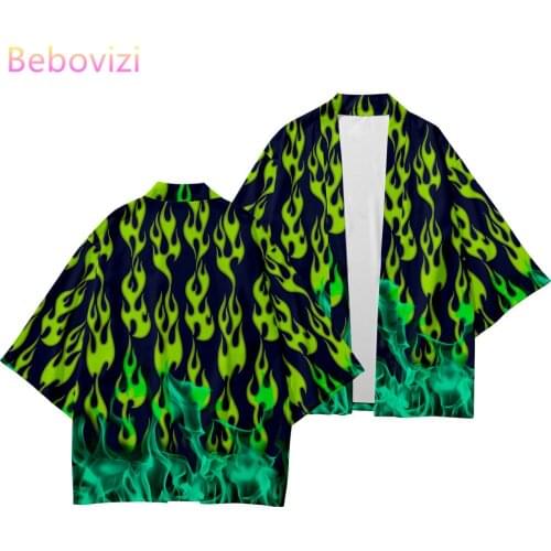 Plus Size 6XL Green Flame China Harajuku Japanese Style Sets Fashion Kimono Men Women Cardigan Haori Obi Asian Clothes Pant Suit