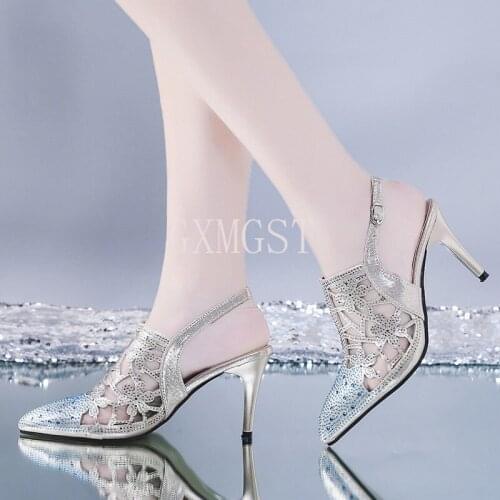 2021 New Fashion Sandal Women Diamond Decoration Summer Sandals Point Toe High Heels Breathable Shoes Sandals 34-40