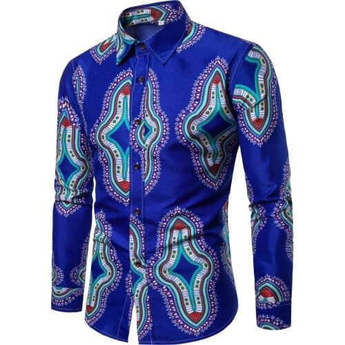 Blue African Dashiki Print Shirt Men Camisa Masculina Pop Brand Slim Fit Long Sleeve African Clothes Streetwear Chemise Homme