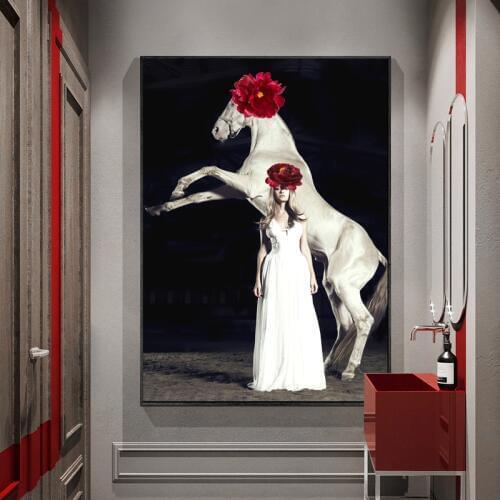 Modern White Horse Red Flower Canvas Painting Poster Print Living Room Bedroom Office Figure Nordic Picture Wall Art Home Decor