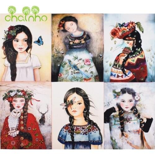 Hand Dyed Cotton Canvas Fabric,Ethnic Style Girl Series,For DIY Sewing & Quilting Purse,Book Cover Decoration Material,15x20cm