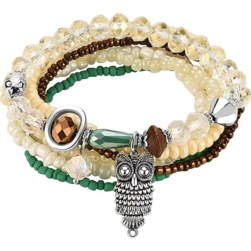 Bohemian Style Multilayer Rice Bead Bracelet Owl Pendant Layered Alloy Hand Chain Women Party Jewelry