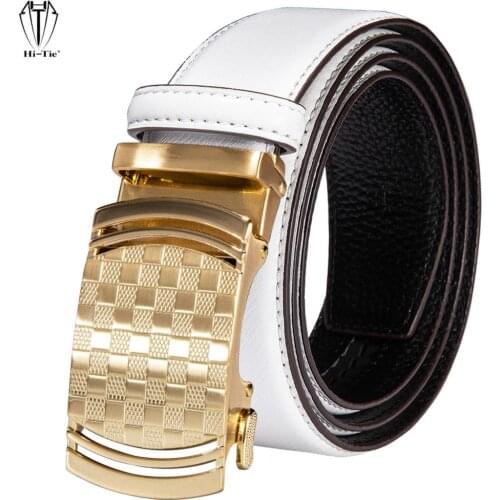 Top Quality Luxury White Genuine Leather Mens Belts Gold Black Automatic Buckles Ratchet Strap Waistband for Dress Jeans Wedding