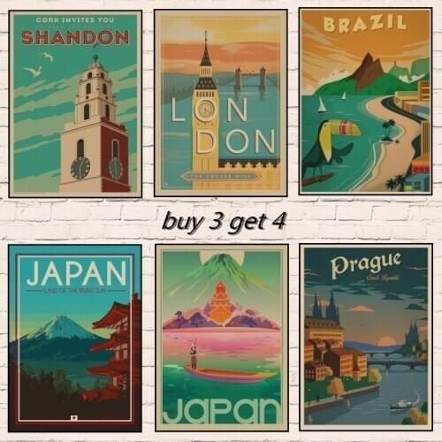 Japan/London/New York/Prague/Cairo/maui Travel Vintage Retro Poster Wall stickers Kraft paper Posters Bar Home Decor Gift 1005