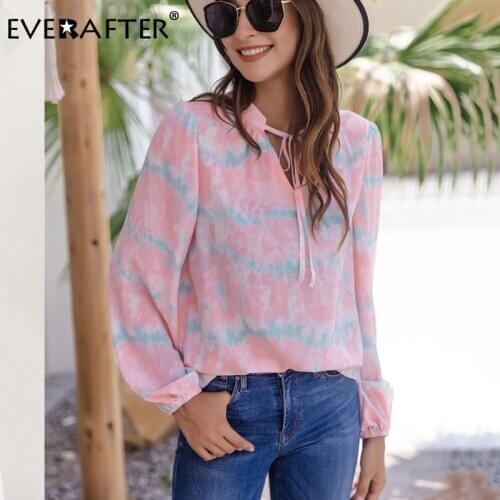 EVERAFTER Streetwear print lace up female blouse shirt loose V-neck long sleeve blouse tops casual holiday ladies Autumn blouses