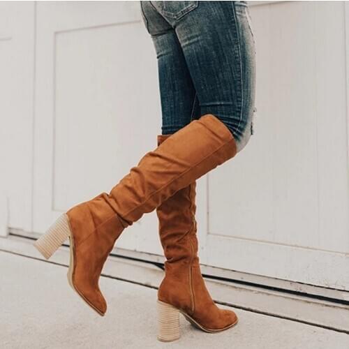 2020 New Autumn Women Fashion Platform Boots Mid-Calf Boots Slip On Solid High Heels Ladies Casual Warm Shoes For Winter