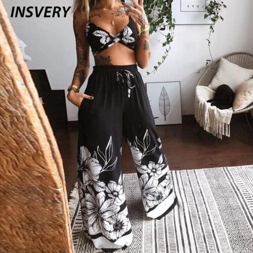 Print Boho Womens 2 Piece Suits Summer Spaghetti Strap Crop Tops Female Split Wide Leg Pant Set 2021 Sexy Beach Vacation Suit