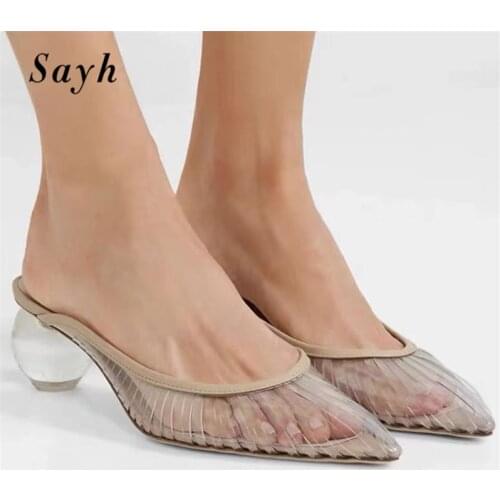 Women Transparent Crystal Strange High Heels Sandals Pointed Toe Hollow Out Pumps Slipper Shoes
