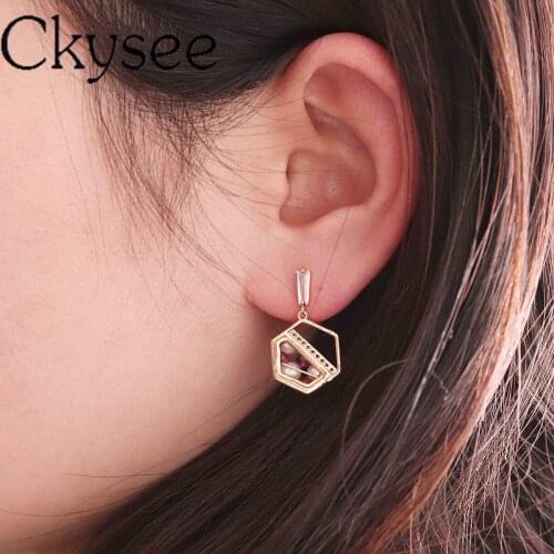 Ckysee Real Gold Natural Baroque Pearl Geometric Earrings Handmade Fine Jewelry For Women Girls 16mm Charms Earring