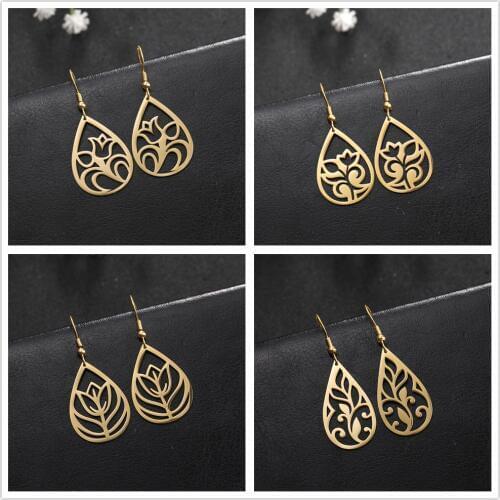 LIKGREAT Vintage Hollow Plant Flower Stainless Steel Earrings for Women Black Earrings Ethnic Fashion Jewelry Wedding Party