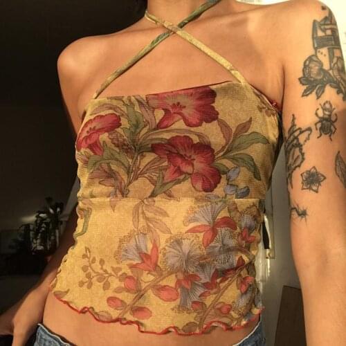 Women’s Summer Sexy Halter Cami Top Fashion Floral Printing Slim Fit Tanks Sleeveless Mesh Sheer Flower Basic Camis Crop Top