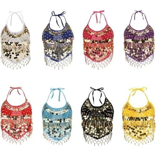 Womens Sequin Halter Top Sexy Belly Dance Latin Tribal Party Dance Wear