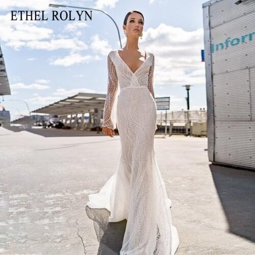 ETHEL ROLYN Mermaid Wedding Dress 2021 Charming V-Neck Beaded Lace Tulle Bride Court Train Long Sleeve Beach Bridal Gown