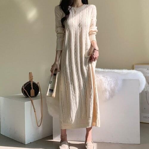 Korean Elegant Women O Neck Knitted Pullover Dress Beige Black Female Loose Casual Long Sleeve Mid-length Knit Sweater Vestidos