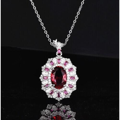 Vintage Luxury Jewelry Red Crystal Ruby Gemstones Pendant Necklaces for Women White Gold Silver Color Choker Bijoux Party Gifts