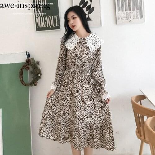Women Vintage Dress Korean Style Peter Pan Collar Fashion Printed Leopard Midi Chiffon Dress Autumn Long Sleeve Robe Femme
