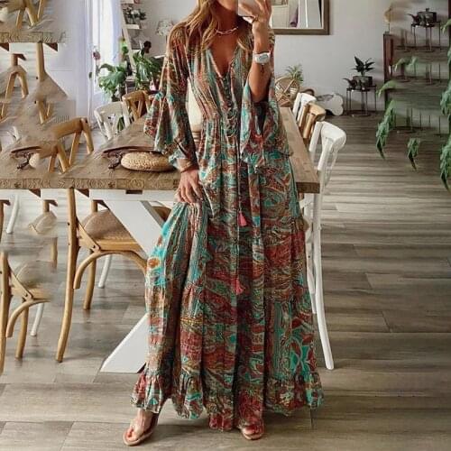 2021 Summer Woman Dress Vintage V-neck Bohemian Dress for Women Butterfly Sleeves Party Dress Long