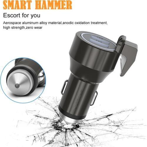 12/24V Car Cigarette Charger Dual USB LED Circle Universal Multifunctional Car Phone Charger with Emergency Escape Hammer