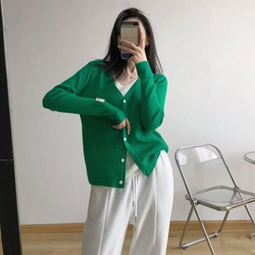 2021 Women Patchwork Knit Tops Adults Button-down Color Block Long Sleeve V-neck Sweater with Letter Label for Shopping Dating