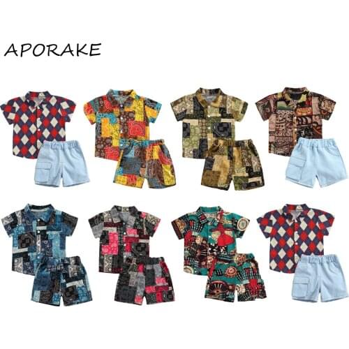 2021 0-5Y Gentleman Kids Baby Boy Clothing Set Geometric Floral Print Short Sleeve Shirt Button Top+Solid Shorts Summer 2pcs