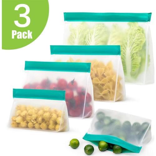 3Pcs PEVA Reusable Food Storage Bags Eco Friendly STAND-UP BPA FREE Freezer Bags Leakproof Lunch Snack Bag For Food Storage