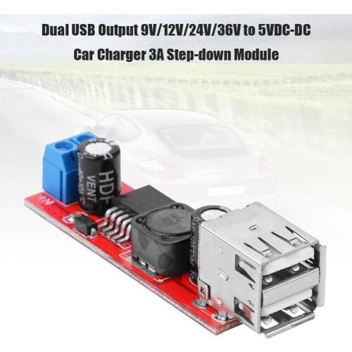 Dual USB Output 9V/12V/24V/36V to 5VDC-DC Car Charger 3A Step-down Power Module Efficiency 92% Switching Frequency 150khz