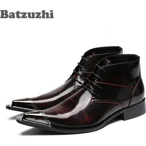 Batzuzhi Wine Red Men Boots Pointed Metal Toe Lace-up Mens Ankle Boots Business Leather Boots for Men Zapatos Hombre, EU38-46