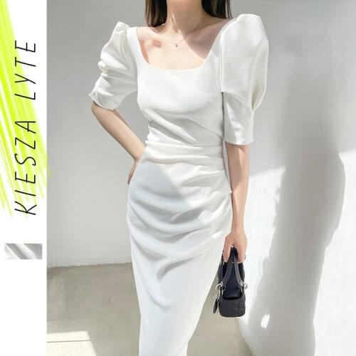 White Square Neck Dress Summer 2021 New French Puffed Sleeves Fairy Solid Party Dresses Vestido Midi Elegante