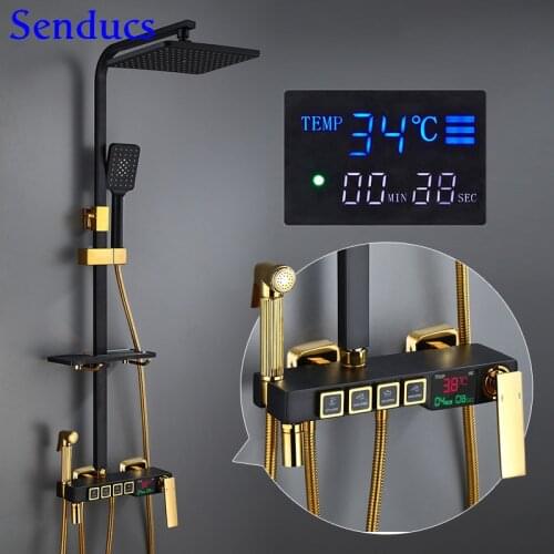Digital Shower Set Senducs Black Gold Bathroom Shower System Temperature Display Bath Shower Set Rainfall Bath Shower Head